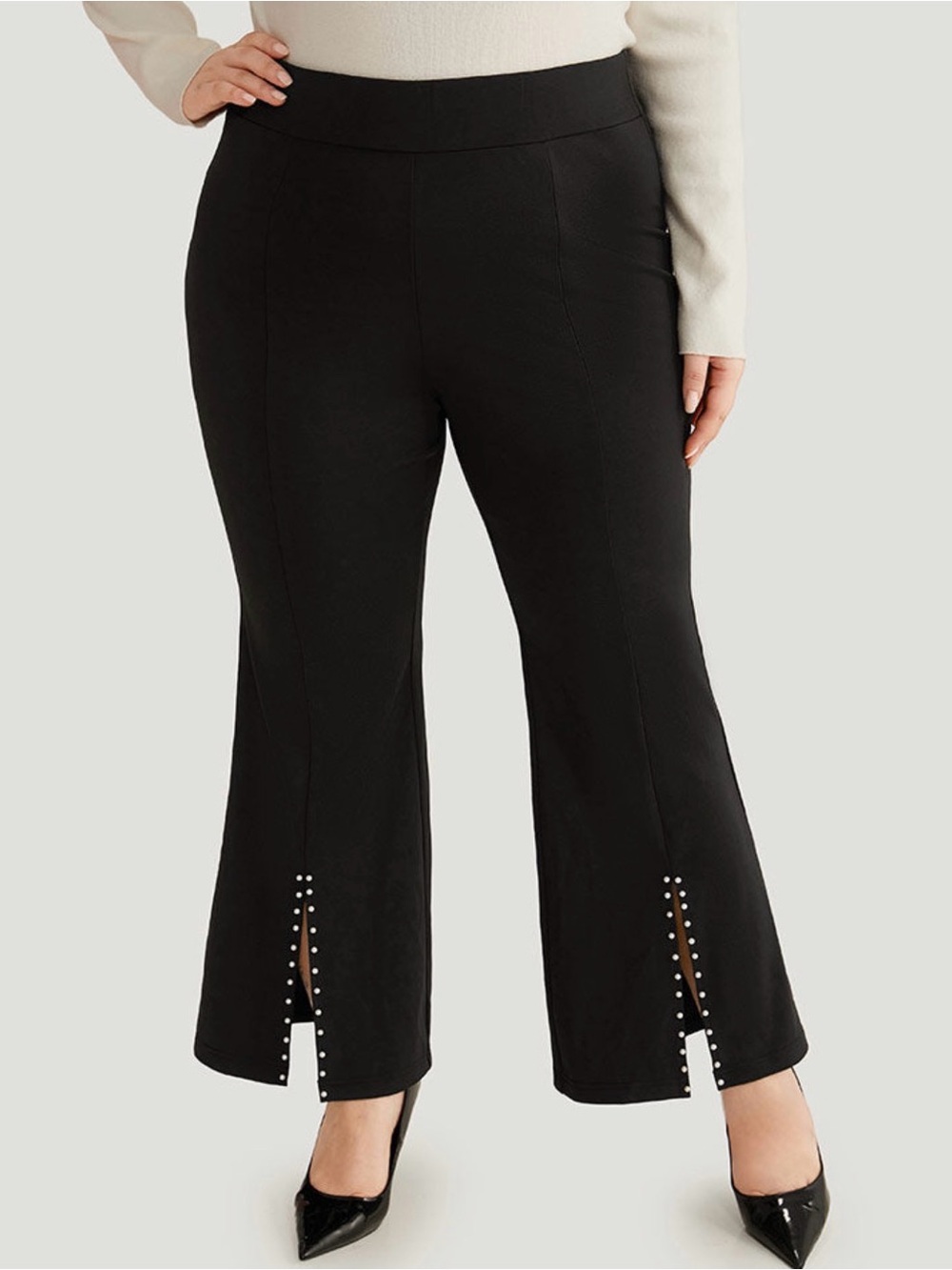 BloomChic Black Wide-Leg Pants with Split, Pearl-Studded Hem